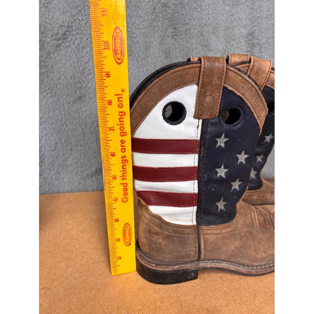 Kids American Flag Western Cowboy Boots Brown Leather Square Toe Stars Stripes - Picture 9 of 10